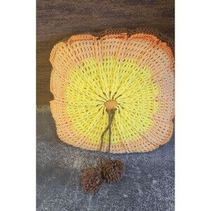 Vintage 70's Crochet Pillow Round Chevron Zig Zag Sunburst Orange Flower Retro